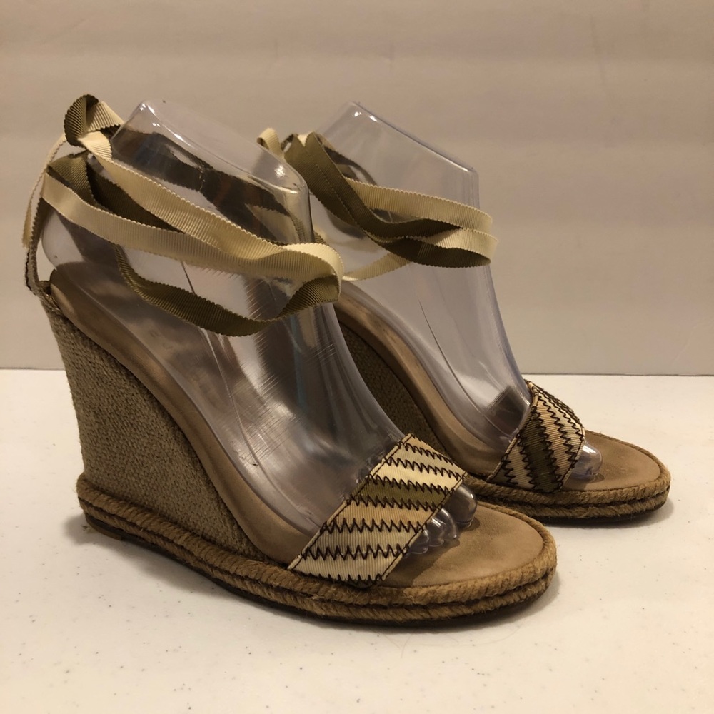 Marc Jacobs Espadrille Wedge Sandals with ribbon ankle tie- tans & greens, Sz 8